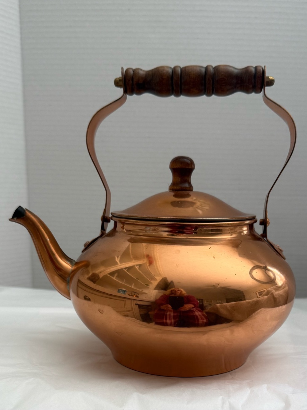 Vintage Glossy Copper Stovetop Tea Kettle with Wooden Handle w/Care Instructions